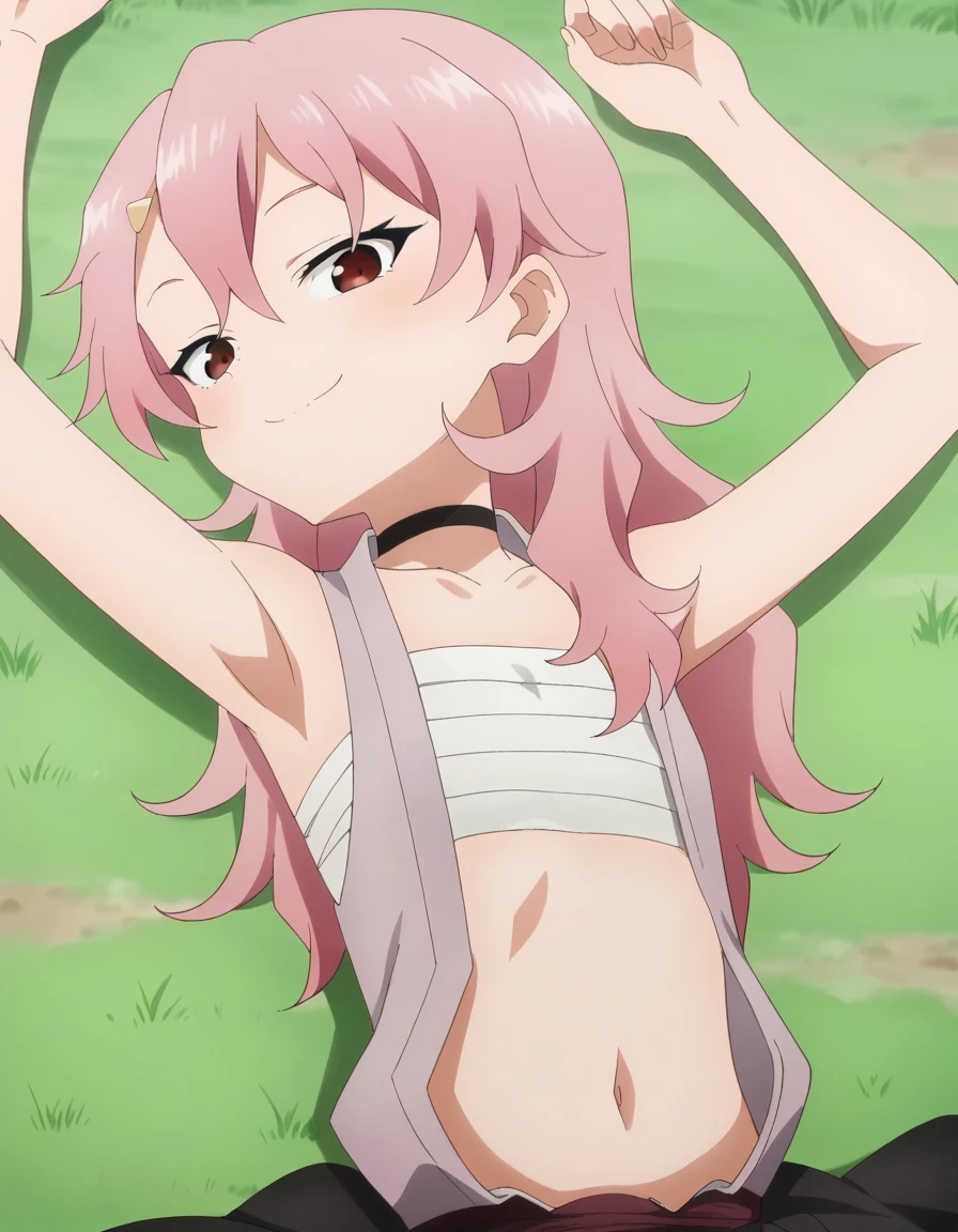 benisumomo, anime coloring ,BREAK source_anime, anime, long hair, hair ornament, red eyes, navel, pink hair, japanese clothes, choker, hairclip, flat chest, black choker, sarashi, chest sarashi, black skirt, high quality, solo, lying, on back, arms up, spread arms, closed mouth, on grass, spead legs, (cowboy shot:1.5), looking at viewer, smile, best quality