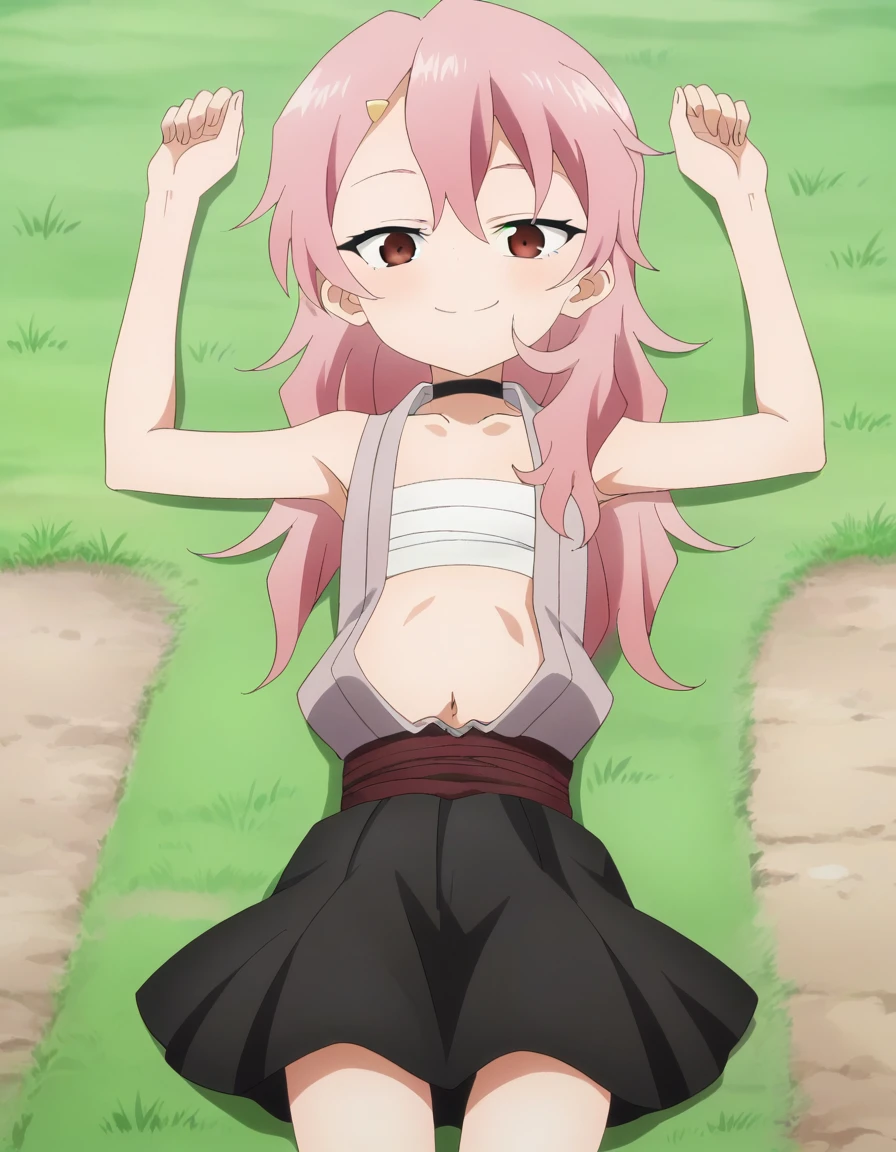 benisumomo, anime coloring ,BREAK source_anime, anime, long hair, hair ornament, red eyes, navel, pink hair, japanese clothes, choker, hairclip, flat chest, black choker, sarashi, chest sarashi, black skirt, high quality, solo, lying, on back, arms up, spread arms, closed mouth, on grass, spead legs, (cowboy shot:1.5), looking at viewer, smile, best quality