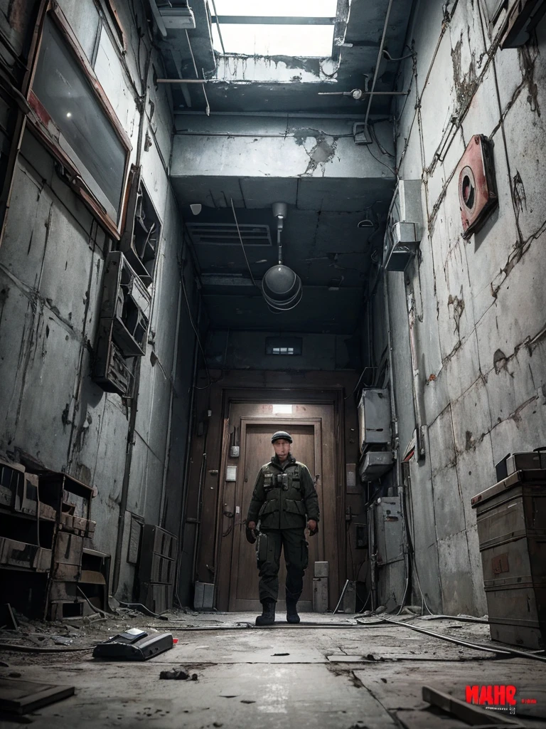 (best quality,4k,8K,High resolution,masterpiece:1.2),Extremely detailed,(Practical,photoPractical,photo-Practical:1.37),Soviet military base,internal,Desolate atmosphere,Dilapidated walls,dusty floor,glare,Soldiers wearing,In stark contrast to,heavy machine,Equipment rack,Secret Files,Steel doors,monitor,Echoing footsteps,Strategy map,Promotional posters,Radio Communications,Cold War Artifacts,Ominous Presence,Gloomy atmosphere,Red Star badge,Strict military discipline,Strict regulations,hidden channel,Classified Operations,Mysterious atmosphere,Underground bunkers,control Panel,Soft colors,Cybernetic systems,Connecting corridors,Command Center,Invisible dangers,An ominous feeling,dystopian background,Monitor the screen,Flashing Lights,Remote Console,Disturbing silence