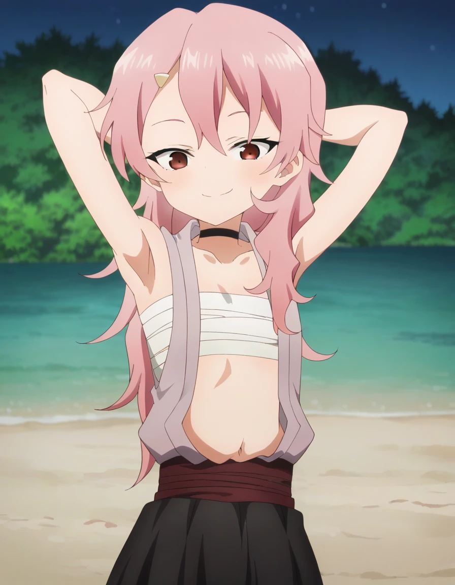 benisumomo, anime coloring ,BREAK source_anime, anime, long hair, hair ornament, red eyes, navel, pink hair, japanese clothes, choker, hairclip, flat chest, black choker, sarashi, chest sarashi, black skirt, high quality, solo, night sky, beach, arms behind head, contrapposto, closed mouth, spread armpits, (cowboy shot:1.5), looking at viewer, smile, best quality, puffing chest,