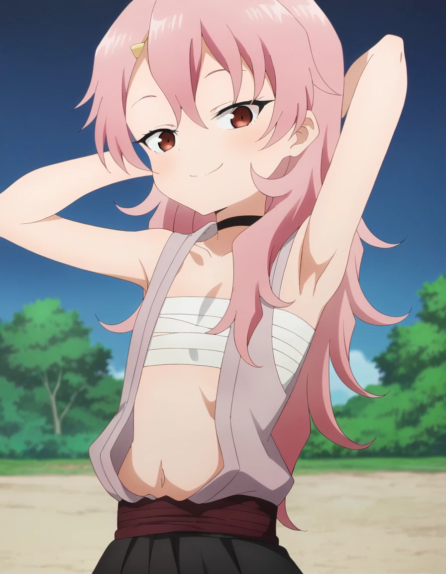 benisumomo, anime coloring ,BREAK source_anime, anime, long hair, hair ornament, red eyes, navel, pink hair, japanese clothes, choker, hairclip, flat chest, black choker, sarashi, chest sarashi, black skirt, high quality, solo, night sky, beach, arms behind head, contrapposto, closed mouth, spread armpits, (cowboy shot:1.5), looking at viewer, smile, best quality, puffing chest,