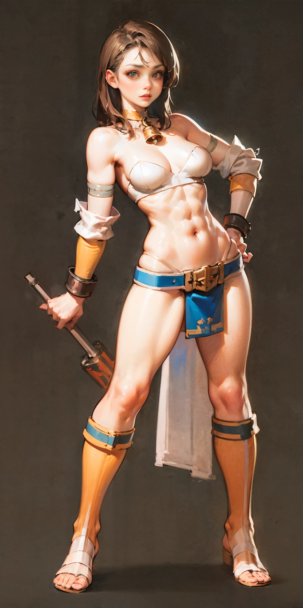 ((BLACK BACKGROUND,1:2, masterpiece)) full body toe to head, masterpiece, 1soloMILF BIMBO standing loincloth pose, leather collar choker neck bell shackles wristbands bracers bracelets sleeves and stockings, strong body, abs, shiny skin (masterpiece, best quality) 1girlsolo wearing 40K Warhammer sisters of battle whsororitas wearing a big belt (Nylon Belt for Women) (plain background) hyper realistic