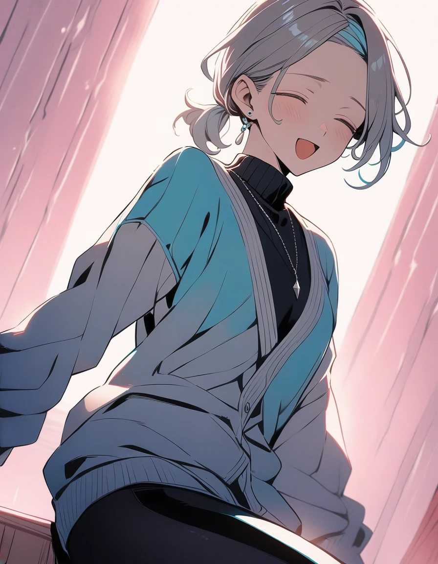 ((((best masterpiece, best quality, wallpaper,)))) solo, 1male, 30 years old, handsome man, medium long shot, view straight on, looking at viewers, beautiful detailed, longuette,mediumturquoise hair, Lower short ponytail, asymmetrical bangs, ((((closed eyes, ^o^, tareme, droopy eyes,)))) sharp nose, seductive smile, clear face, black turtleneck, grey cardigan, （silver earrings, silver necklace,） leggings, Clothes, lighting back, backlighting, pink background color,