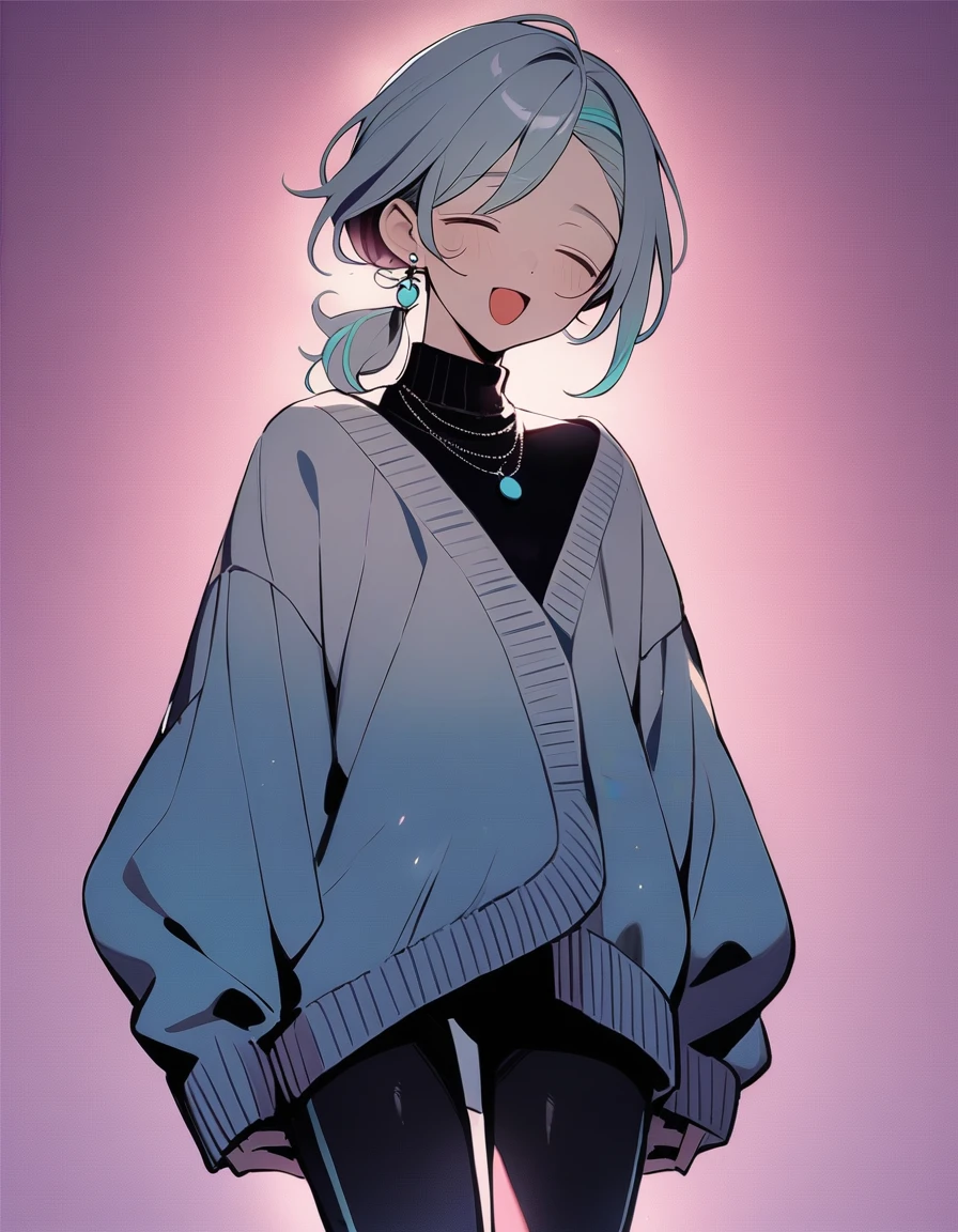 ((((best masterpiece, best quality, wallpaper,)))) solo, 1male, 30 years old, handsome man, medium long shot, view straight on, looking at viewers, beautiful detailed, longuette,mediumturquoise hair, Lower short ponytail, asymmetrical bangs, ((((closed eyes, ^o^, tareme, droopy eyes,)))) sharp nose, seductive smile, clear face, black turtleneck, grey cardigan, (silver earrings, silver necklace,) leggings, Clothes, lighting back, backlighting, pink background color,