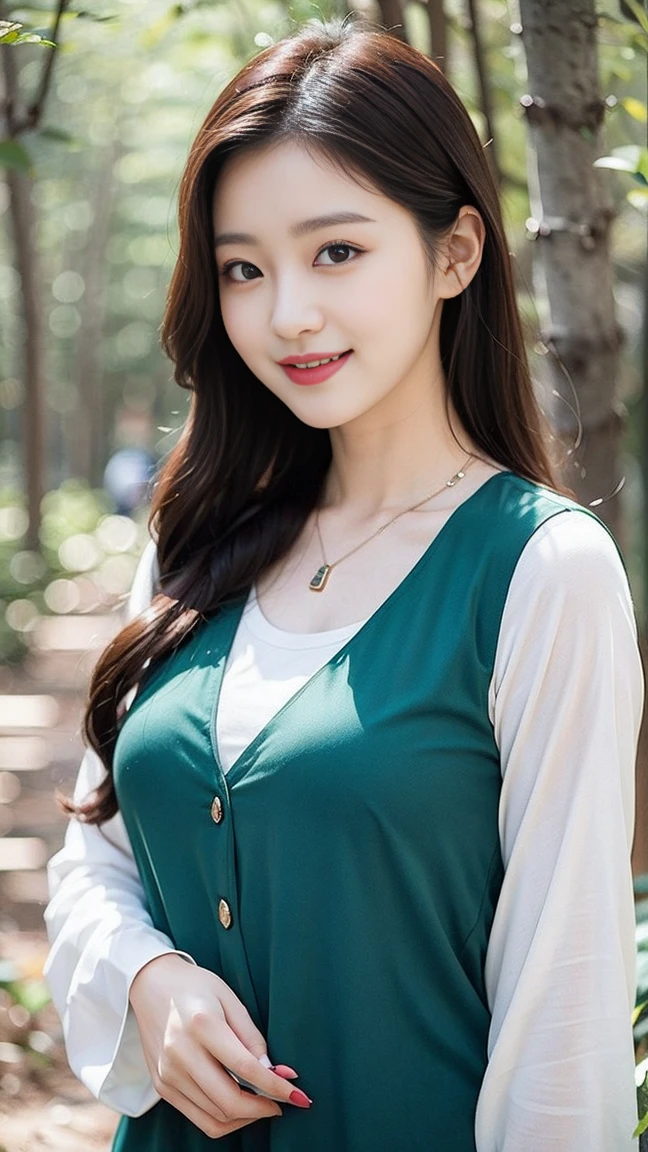 Beautiful Korean woman, 36 inch chest size, Smile, Wearing a patterned vest, necklace,(A girl in the forest),