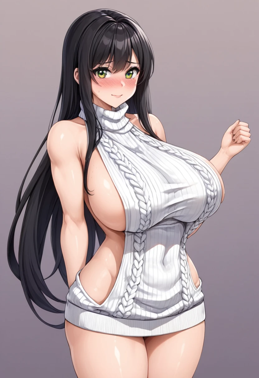 Big woman, nervous, in tight clothes, embarrassed to be seen, very tall, broad shoulders, long black hair, virgin killer sweater 