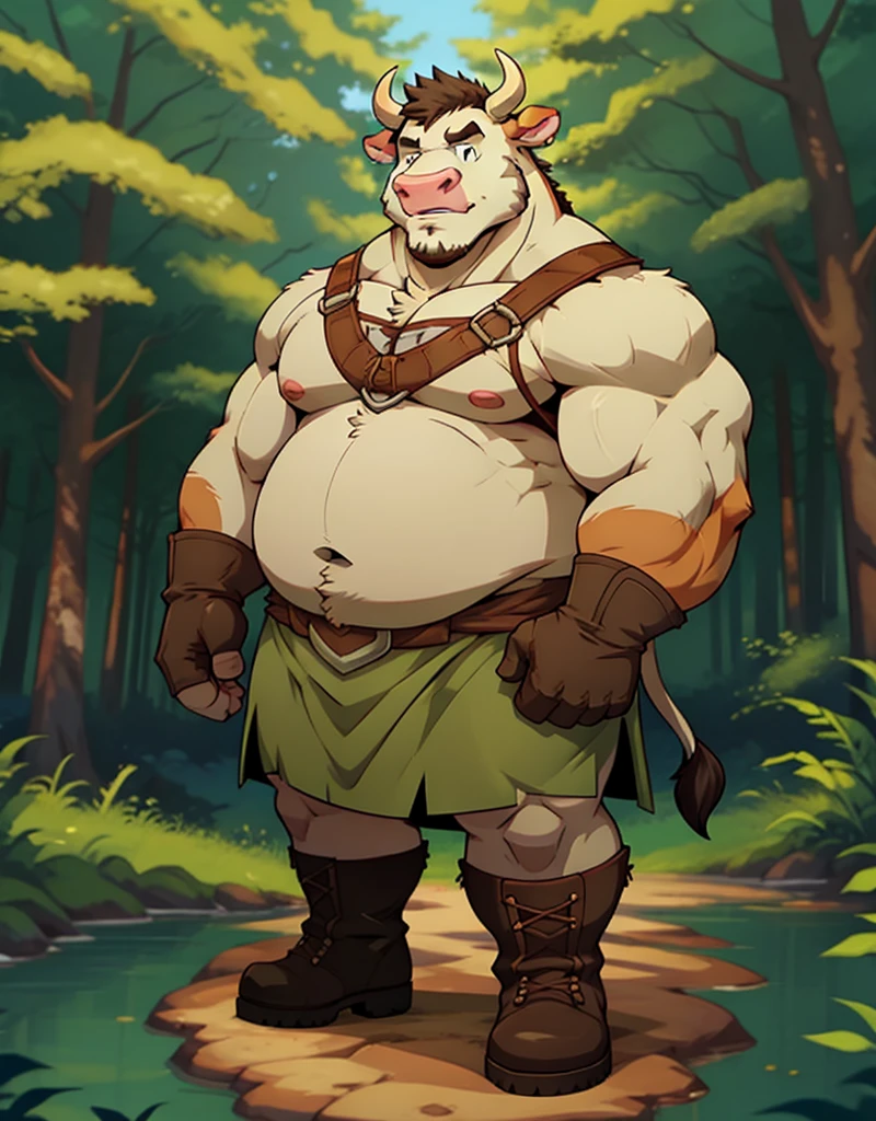A male chubby muscular anthropomorphic cow a wearing a sleavless tunic, boots, and gloves, in a forest
