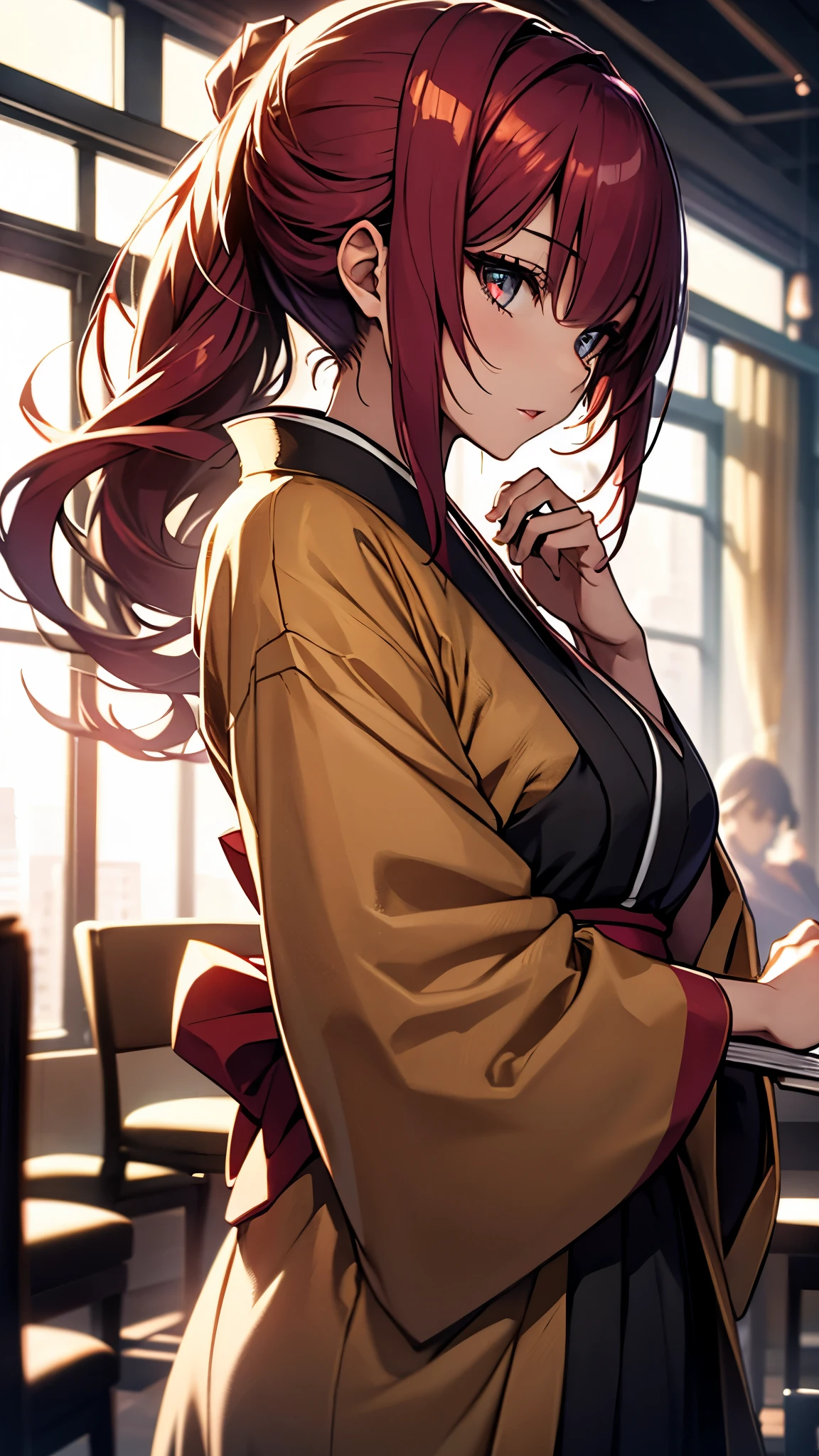 (1girl:1.3), Masterpiece, Best quality, amazing beauty, [[3D]], 4K, absurdres, finely detail, super detailed eye, perfect anatomy, official art, cinematic lighting, BREAK, cafe, silky long hair, red hair, super shiny detailed black eye, big eyes, cute eyes, thin eyebrow, （retreating figure）, she's hiding her face. close-mouth, thin lips, BREAK , usually, tall, medium, fair skin, detailed skin, Are standing, profile, from front, lighting, BREAK , (kimono:1.2) She's sitting there reading a book.
