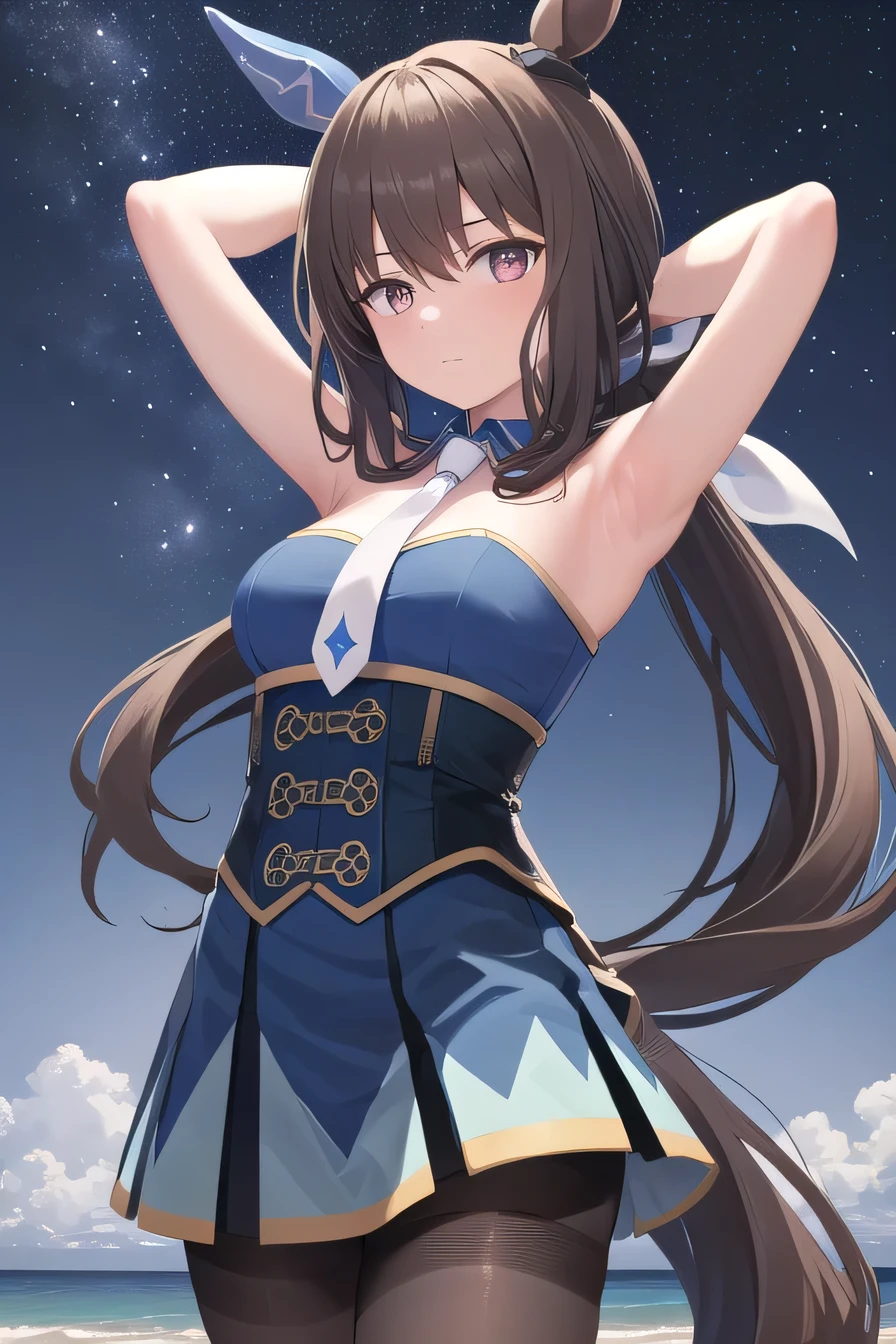 (masterpiece, best quality:1.2), solo, 1girl, admirevega, high quality, solo, night sky, beach, arms behind head, {contrapposto}, closed mouth, spread armpits, (cowboy shot:1.5), looking at viewer, expressionless, ponytail, horse ears, ear covers, blue dress, necktie, pantyhose, horse tail 