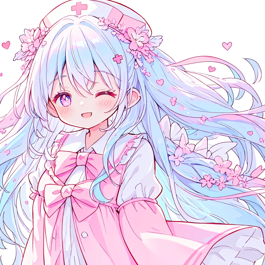beautiful a girl wearing a pink nurse uniform and a pink nurse cap,, (highest quality,masterpiece,16K or 8K,Super detailed,gradient glitter ),(Upper body、front), background Colorful heart, beautiful, masterpiece, highest quality、gradient hair, light blue hair, floating hair, wavy hair,fluffy hair、 Hair in the wind, pastel wreath on head,Hairpins, heart-shaped hairpins with a red cross inside, Lavender colored eyes, long eyelashes, beautiful eyes、pointed ears, light smile, bright pupils, (a girl closes her eyes and opens her mouth and smiles happily.),digital illustration, highest quality,High resolution, romantic academia, romantic atmosphere, fantasy, white background, happy, laughing,