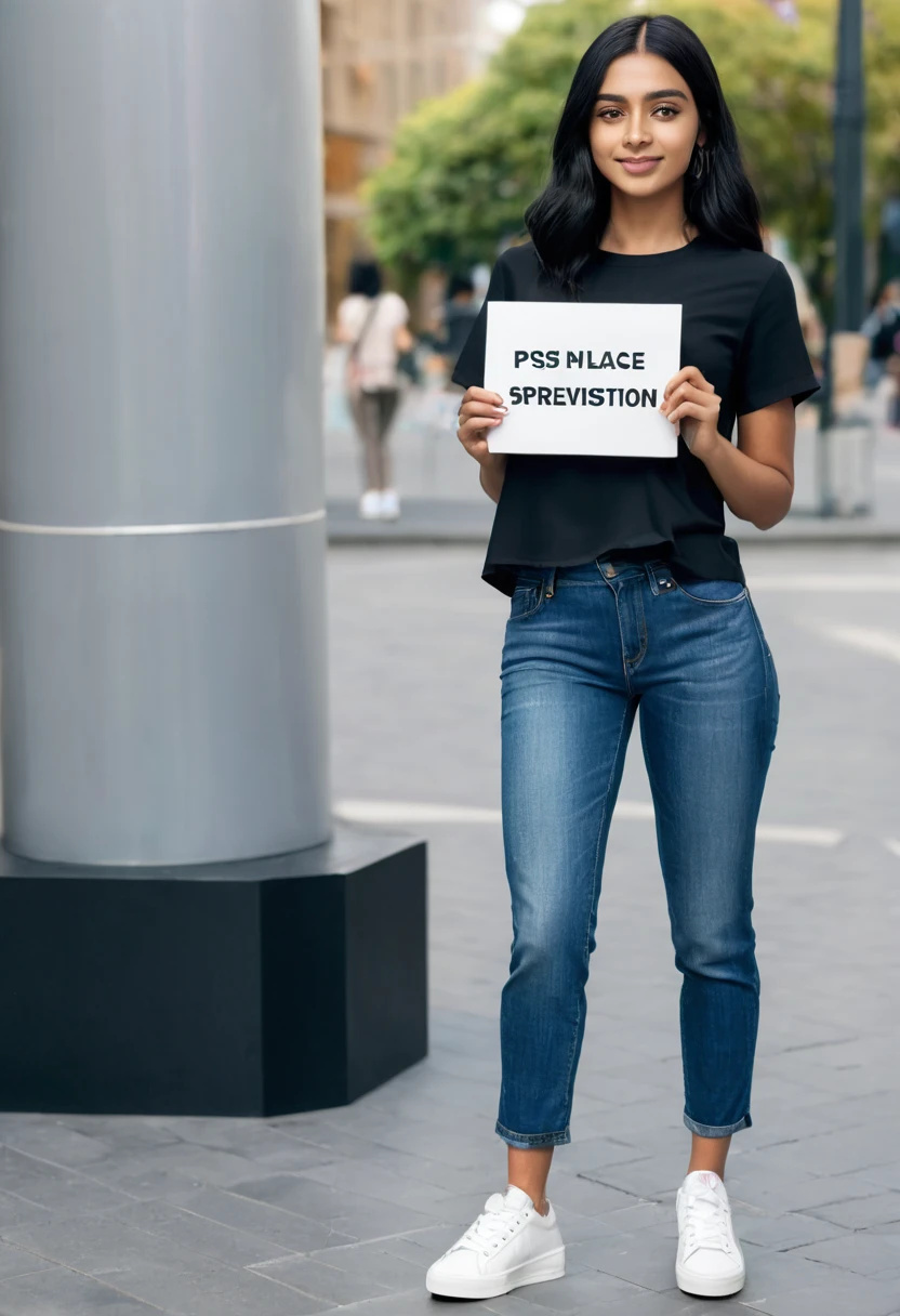 Describe a person with the following attributes: Race: Black, Hair: Straight, Clothing: Black blouse, Short jeans, White sneakers. Additionally, the person is holding a sign with the text 'ppvideosom' Please provide a description of this individual's full body image."