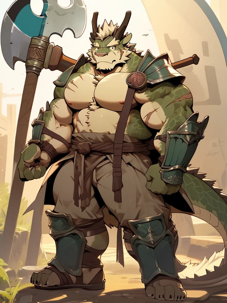 a furry eastern dragon, long whisker, green fur, bare chest, big chest, big build, warrior waist armor, great axe, sandal, ((eastern dragon), ((green dragon)), ((waist armor)), furry art, full body, mature, tall, daddy, muscular, rounded face, ((no coat)), ((berserker)), scar body, (scar), bare body, many scars on body, scar face, long beard, very muscular, beefy body, (((bare chest))), (((large pecs))), (((axe)))