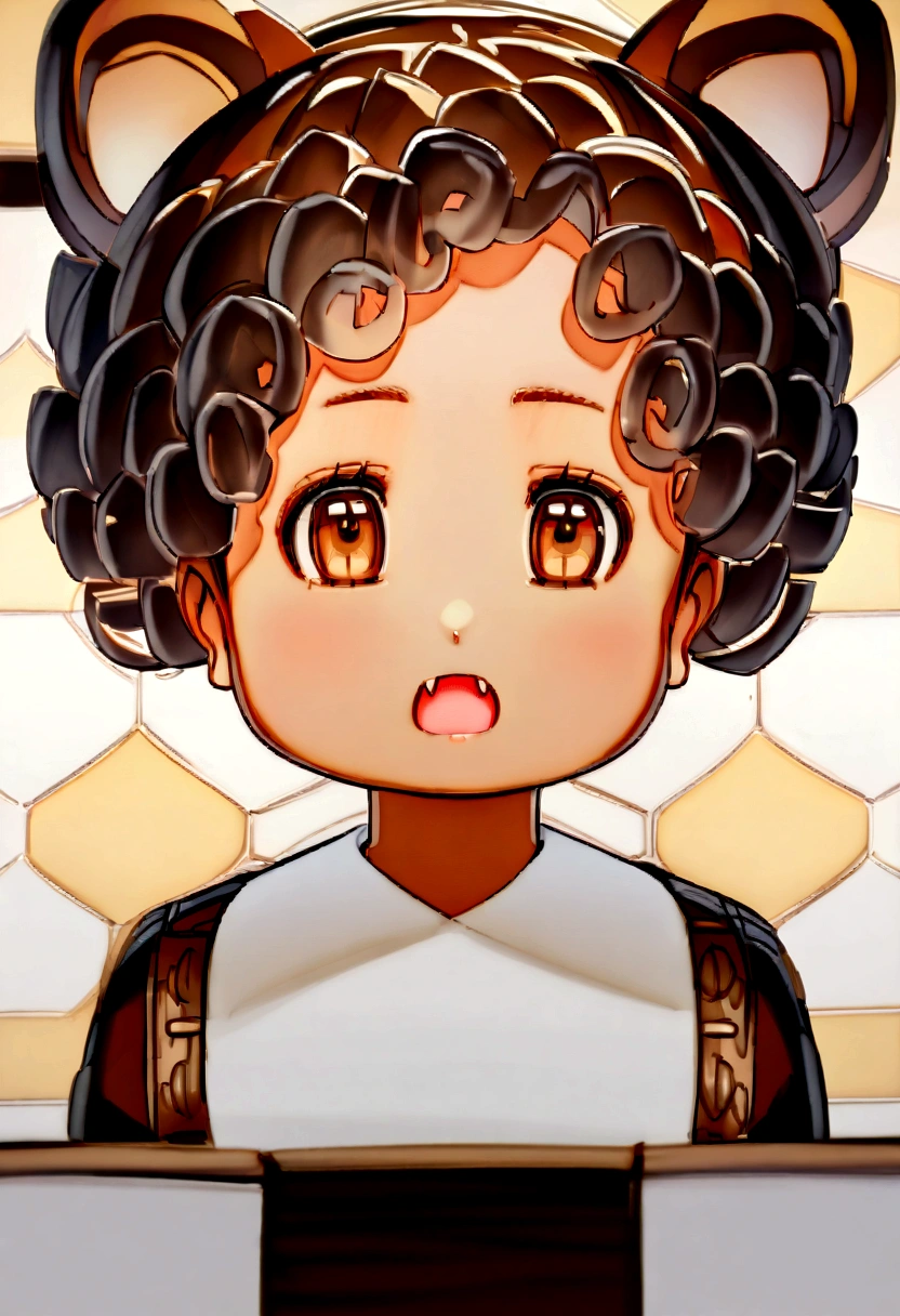 bust_portrait, boy, raccoon ears, brown hair, curly hair, brown eyes, fang, tan skin, cute adorable, , shota, cute, innocent