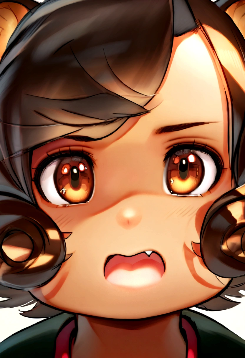 bust_portrait, boy, raccoon ears, brown hair, curly hair, brown eyes, fang, tan skin, cute adorable, , shota, cute, innocent