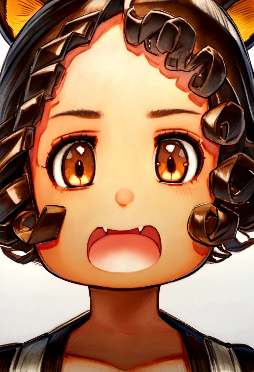 bust_portrait, boy, raccoon ears, brown hair, curly hair, brown eyes, fang, tan skin, cute adorable, little boy, shota, cute, innocent
