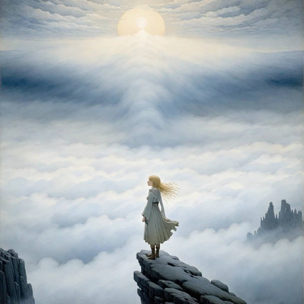 A modernist painting of an anime girl with the feeling of "Wanderer above the Sea of Fog" by Caspar David Friedrich painted by John Bauer