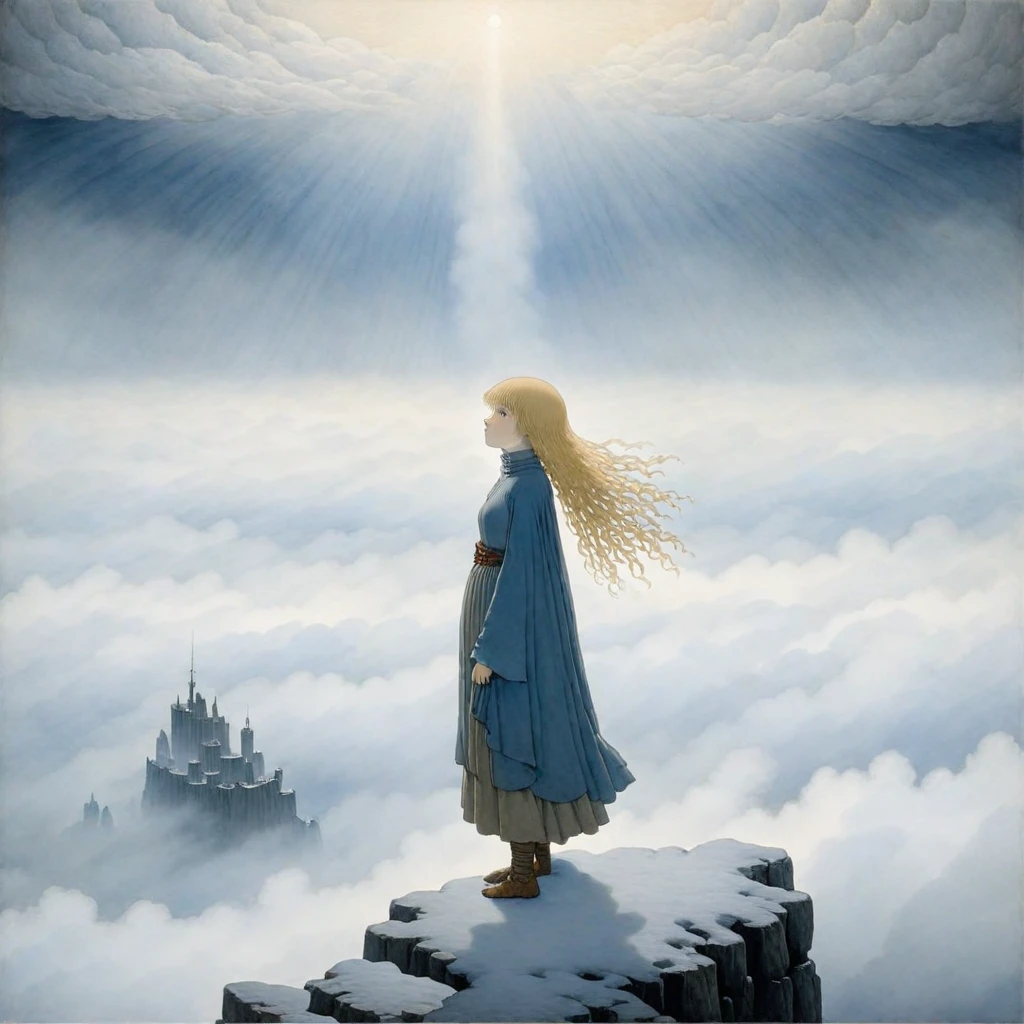 A modernist painting of an anime girl with the feeling of "Wanderer above the Sea of Fog" by Caspar David Friedrich painted by John Bauer