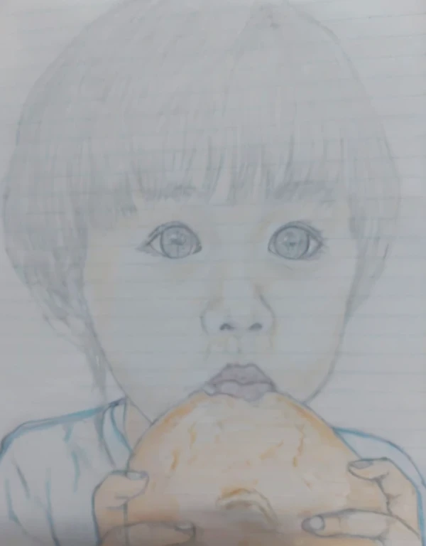 フォークでパンを食べているpicture, she is eating a peach, with a large head and big eyes, Realism drawing, Eating a hamburger, Close-up portrait, kawaii realistic Portraiture, picture, 子供のpicture, inspired by Nara Yoshitomo, 色あせたpicture, Eating a hamburger, Portraiture!!!!!!, 🤤 girl Portraiture