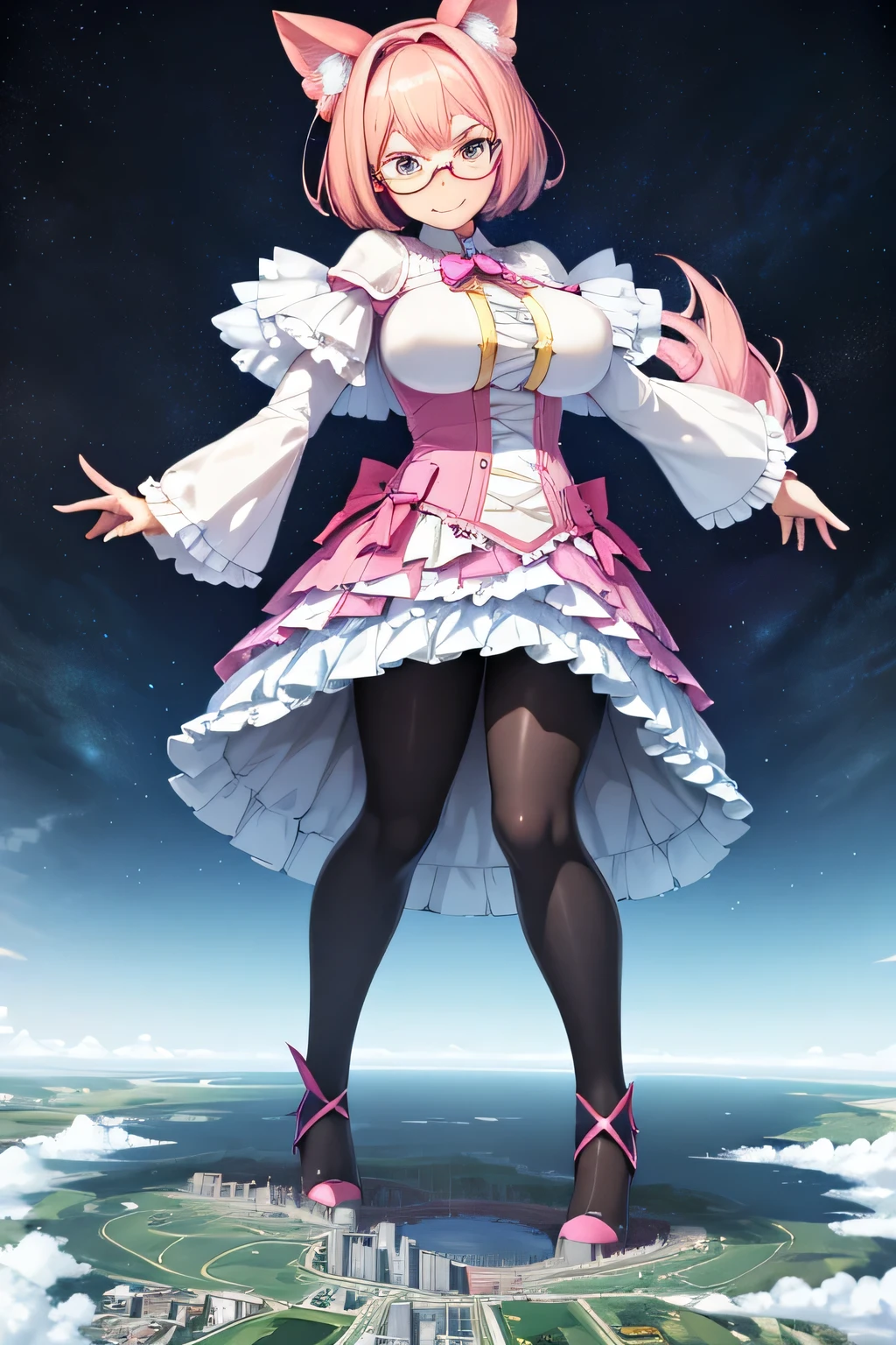 giantess art, highly detailed giantess shots, giantess, most detailed, perfect face, Two legs, Five fingers, A beautiful girl who is bigger than a skyscraper, short hair, Wearing rimless glasses, smile, huge breasts, blue base magical girl dress, bow, magical girl, holding a magical wand, black pantyhose, blue stiletto heels, thunderbolt from a magical wand, Destroying cities, Under heavy attack, A very small big city, Miniature metropolis, Full body description, GTS, giga giantess, stomping city, crash city, tiny city, micro city, pantyhose feet, High resolution, highest quality, masterpiece,
