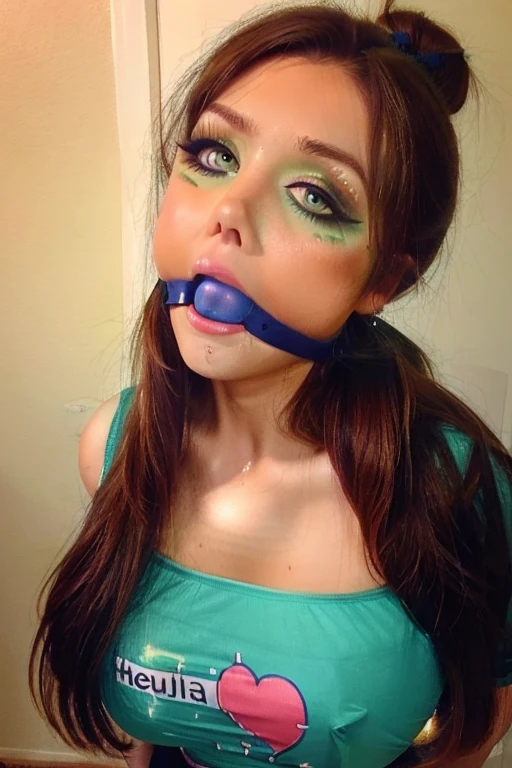 Lucy Pinder, Face portrait, Pretty face, brown hair,green eyes,straight hair, ponytail,((Very intense makeup)), ((lined eyelids)), scrub top, blue blouse , medical pants, blue pants, ((Voluptuous Woman)). Gagged,bondage,bound arms