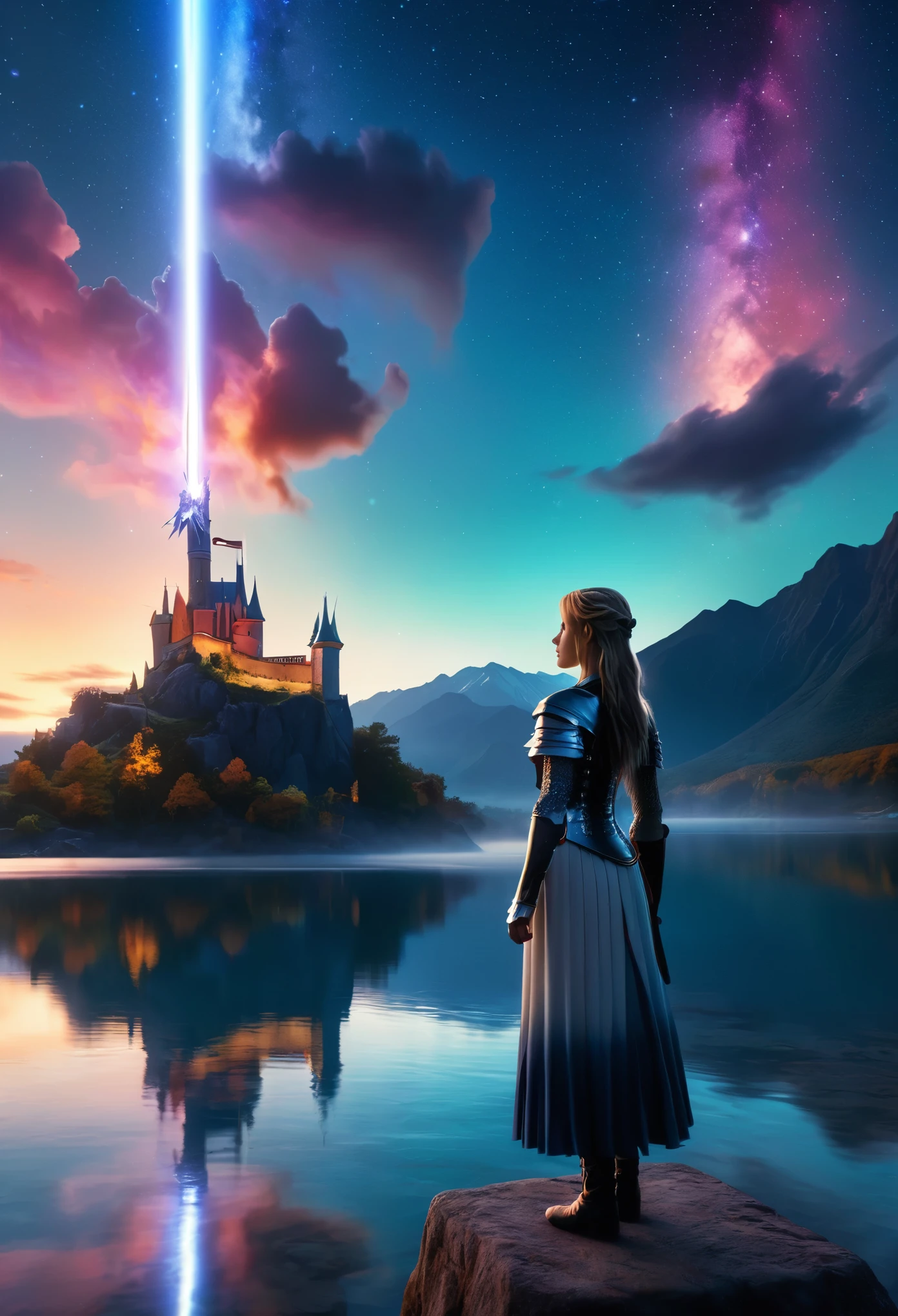 (8k, highest quality, masterpiece, final fantasy style: 1.2), (unrealistic, photorealistic: 1.37), (one mage lady standing on lake side, huge bouncing bust, with sword with fire, Her sword shines into the heavens:1.1), Dreamy landscape, Fantasy, Unsurreal landscapes, Super detailed, Flying medieval castle, Floating Island in the Sky, Seven-colored swirl of light, (流星のMr.に空を舞う光り輝く尾の長い小鳥:1.3), Aurora, Intense lightning, milky way, Complex Light, Mr.々Colored light, Large Lake, Starry sky reflected on the lake surface, Countless shining stars, Meteors, Many meteors, Aura of, (A pillar of light emanated from the ground:1,2), 複雑な文Mr.の魔法陣,