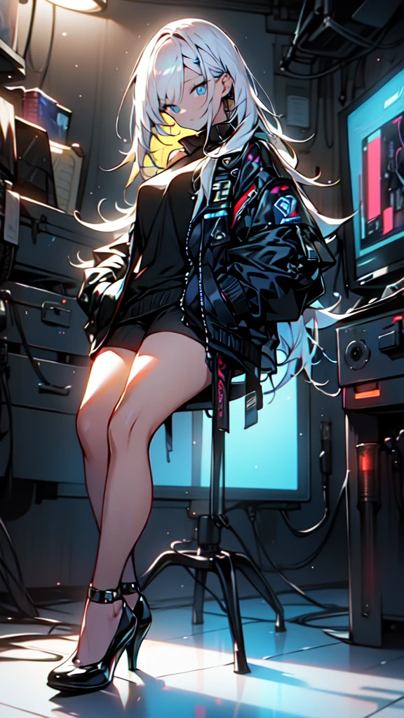 1 girl, long Yellow hair , cyberpunk, blue eyes, high heels, hand in pocket, best quality, 4k, 8k, highres, masterpiece:1.2, ultra-detailed, realistic, photorealistic, photo-realistic:1.37, HDR, UHD, studio lighting, ultra-fine painting, sharp focus, physically-based rendering, extreme detail description, professional, vivid colors, bokeh, cyberpunk, science fiction, neon lights, dark atmosphere, dramatic lighting