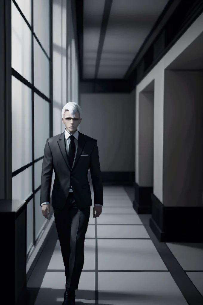 1man, alone, business suit, neat white hair cut, blurryface, blurred face, plain patterns, monochromatic, black and white, shades of grey, shades of gray, old manor background, mansion interior, old playstation style game, lorelei and the laser eyes style, game style, vintage