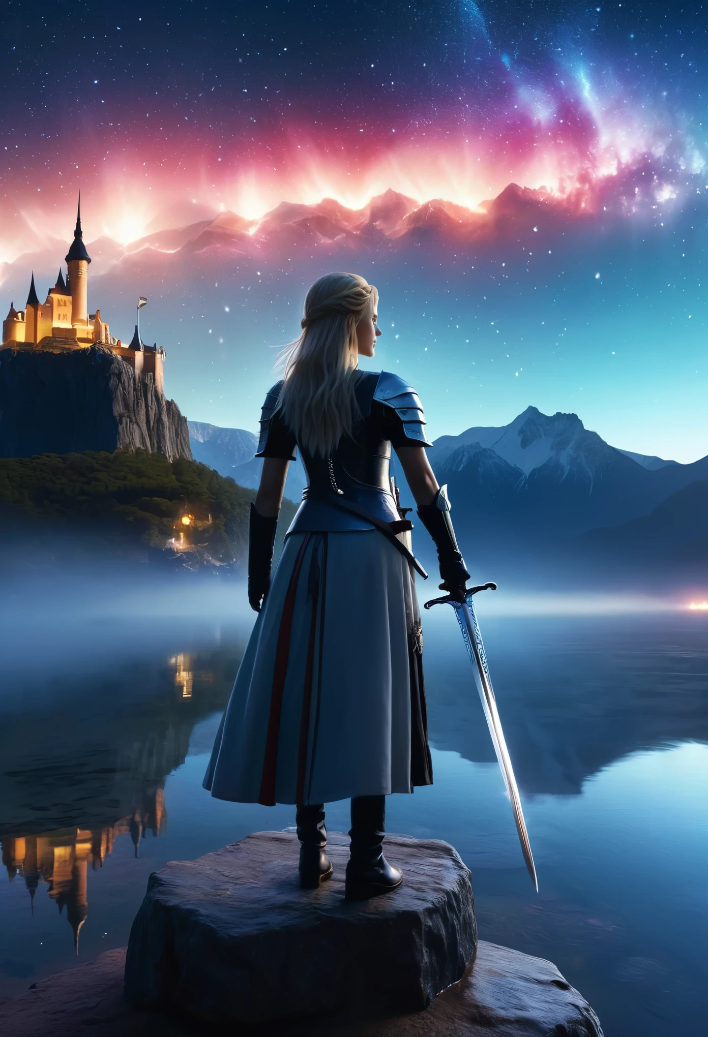 (8k, highest quality, masterpiece, final fantasy style: 1.2), (unrealistic, photorealistic: 1.37), (one mage lady standing on lake side, huge bouncing bust, with sword with fire, Her sword shines into the heavens:1.1), Dreamy landscape, Fantasy, Unsurreal landscapes, Super detailed, Flying medieval castle, Floating Island in the Sky, Seven-colored swirl of light, (流星のMr.に空を舞う光り輝く尾の長い小鳥:1.3), Aurora, Intense lightning, milky way, Complex Light, Mr.々Colored light, Large Lake, Starry sky reflected on the lake surface, Countless shining stars, Meteors, Many meteors, Aura of, (A pillar of light emanated from the ground:1,2), 複雑な文Mr.の魔法陣,