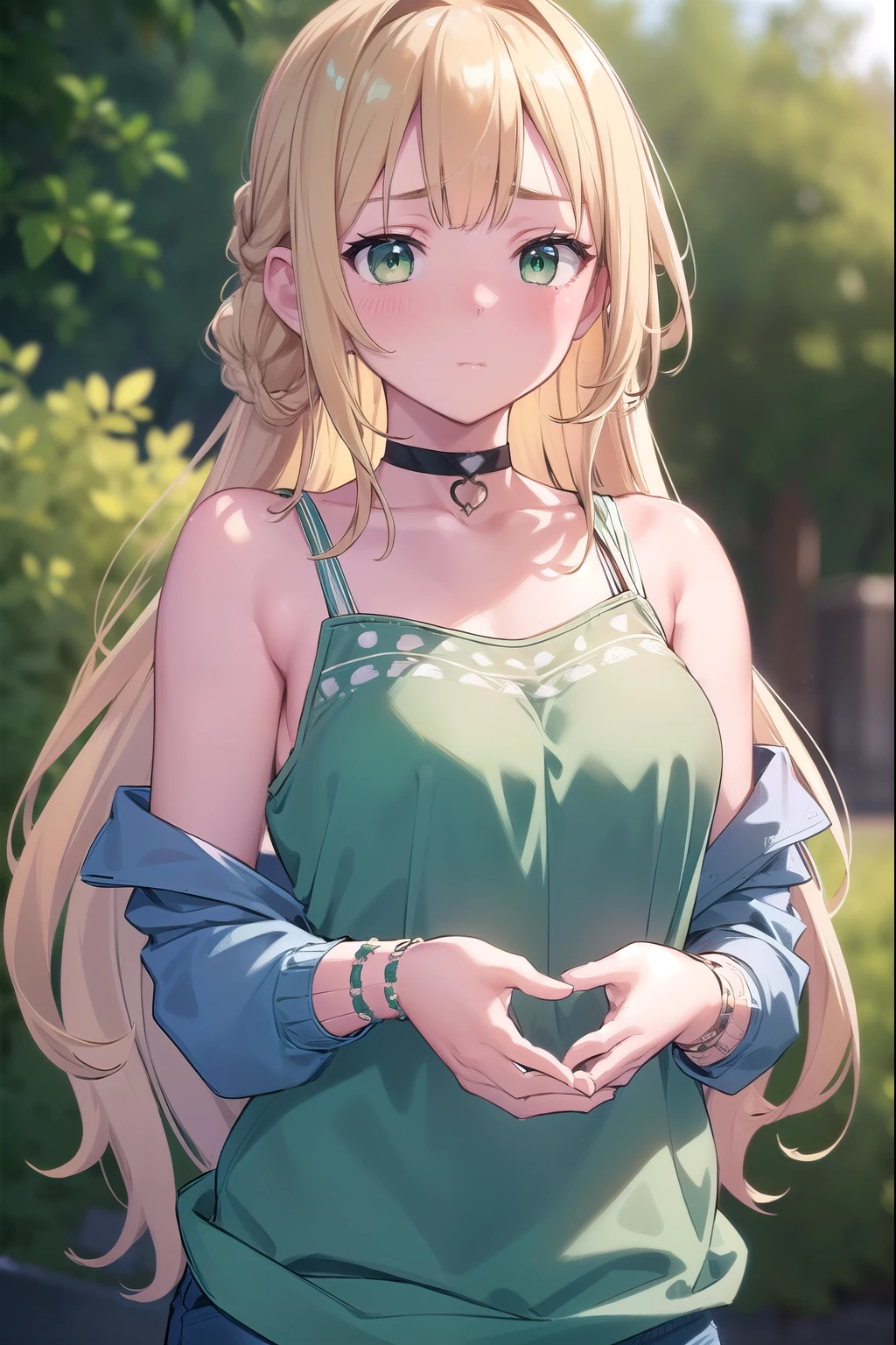 Blonde Hair, choker, (Green Eyes:1.5), Long Hair, Braided Hair, break bare shoulders, bra under tank top, bra, tank top, blush, blush stickers, clavicle, Have, Off the shoulder, (Blue clothes:1.5), break looking at viewer, break outdoors, city, break (masterpiece:1.2), highest quality, High resolution, Unity 8k, (figure:0.8), (Beautiful fine details:1.6), Highly detailed face, Perfect lighting, Highly detailed CG, (Perfect hands, Perfect Anatomy),(Blush all over face, Embarrassing)