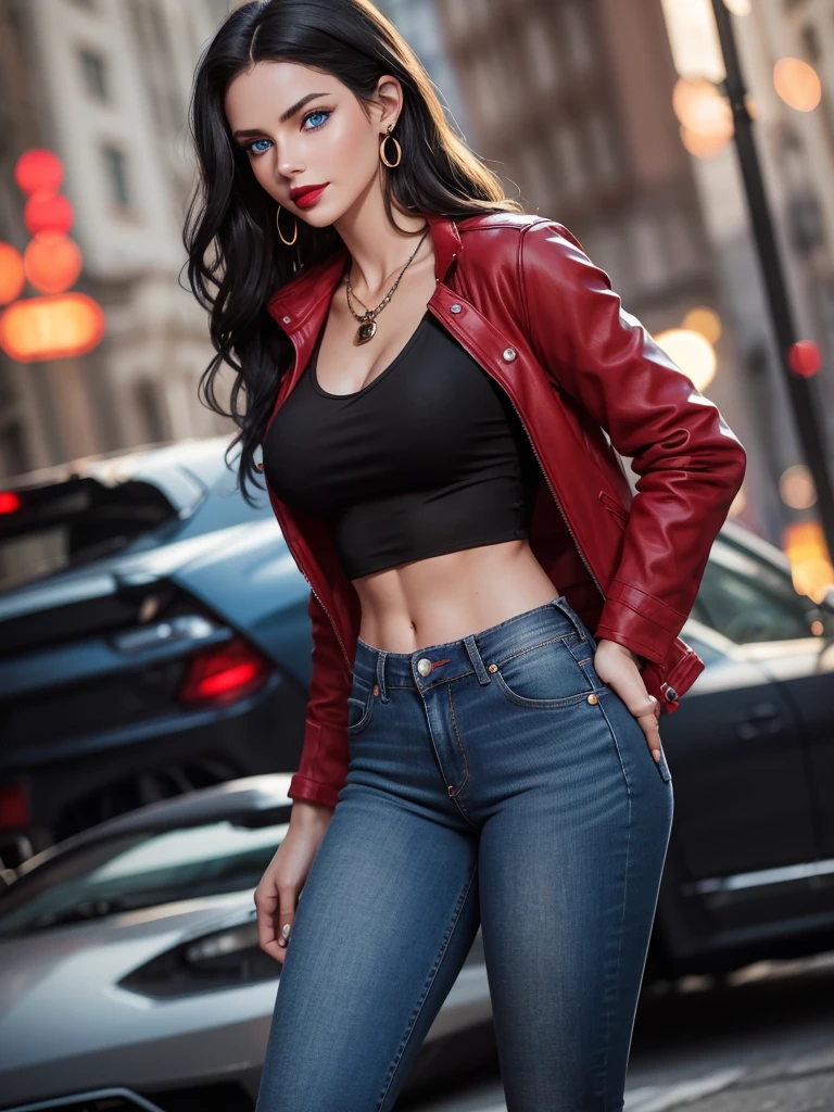 Caucasian woman; ((black hair)), wavy hair, long hair, hair parted in the middle; blue eyes, ((lined eyes)), ((highlight blue eyes)), bright eyes, (eyes with highlights); ((red lipstick)), (bright lips), makeup; smile, toned body, athletic body, (medium breasts), nipples, ((legs)); ((jeans)), black boots, ((short top)), ((black top)), open jacket, red jacket; earrings, necklace, bracelets; standing; realistic, cinematic lighting, bokeh, edge lighting, Backlit; take side. 