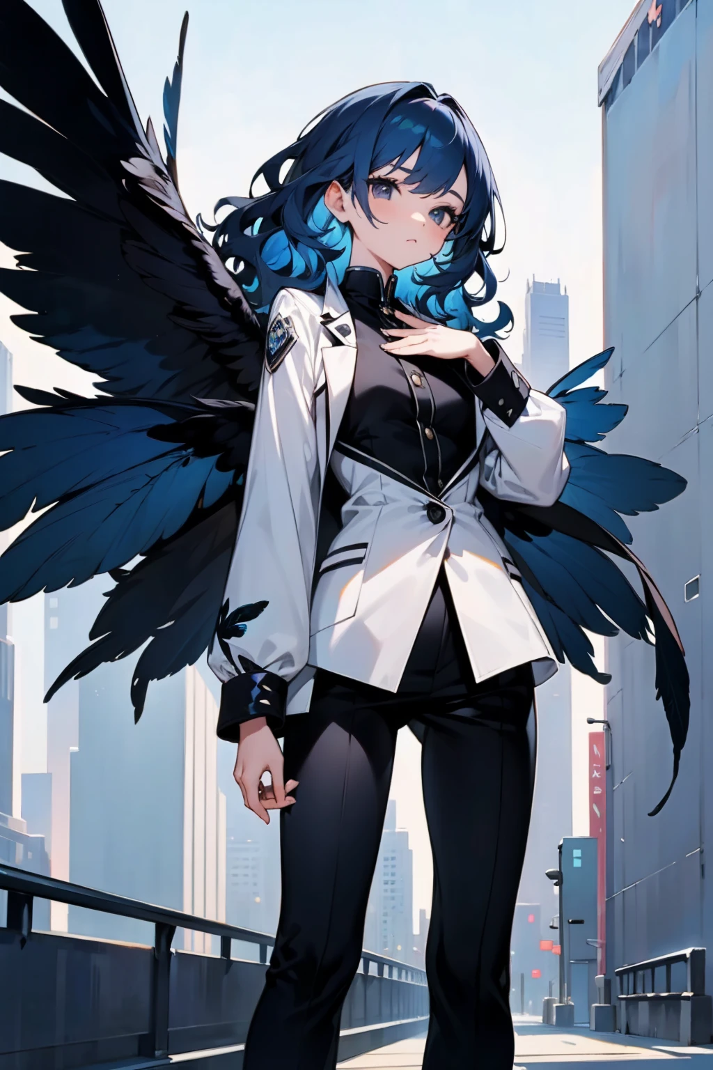 1female, blue hair, wavy hair, black eyes, blue feather wings, black puffer coat, white shirt, black pants, city background, detailed background, hands to side, standing on path