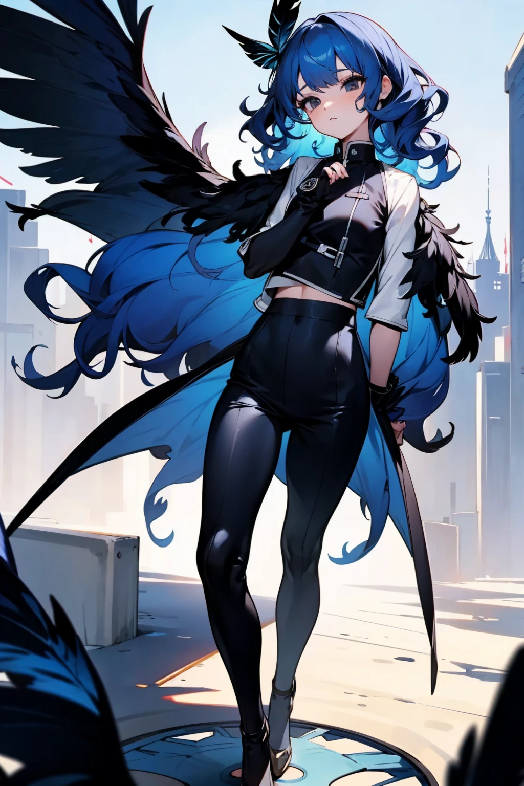 1female, blue hair, wavy hair, black eyes, blue feather wings, black puffer coat, white shirt, black pants, city background, detailed background, hands to side, standing on path