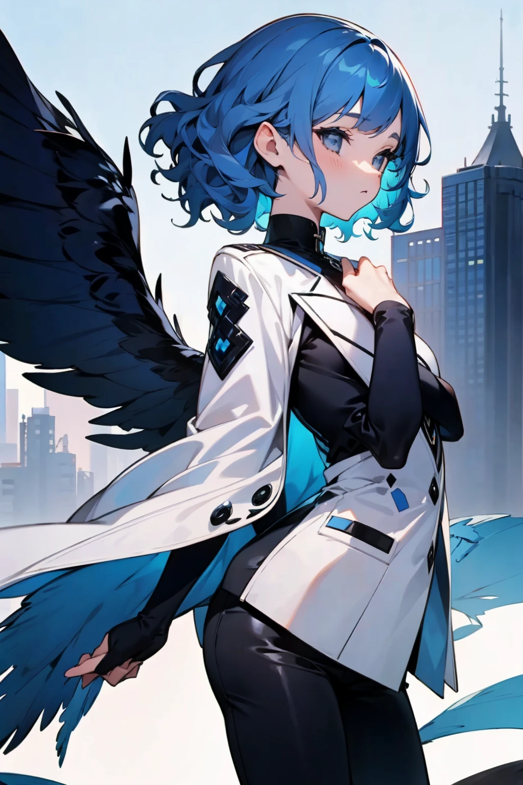 1female, blue hair, wavy hair, black eyes, blue feather wings, black puffer coat, white shirt, black pants, city background, detailed background, hands to side, standing on path