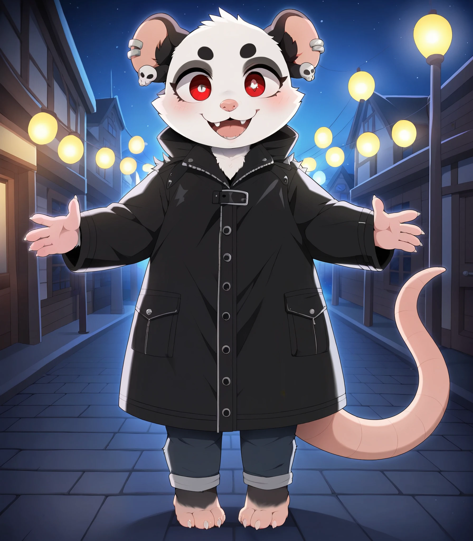 furry female, solo, dagasi_style,, furry, village, night, cozy lights, opposum girl, standing, front view, looking at spectator, smiling, piercing on left ear, red eyes, clear eyes, opossum, paws, feet, barefoot, long black leather coat, black jeans, black shirt with a skull, happy to see you