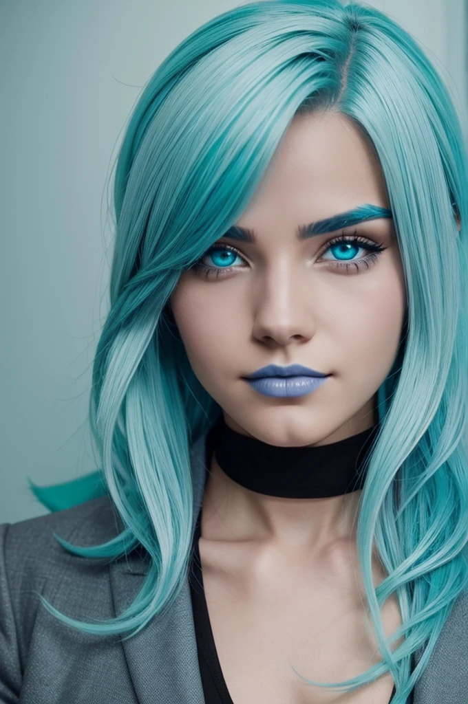 Oc Boku no hero light blue hair black tips light blue greenish glass eyes, con traje sexual