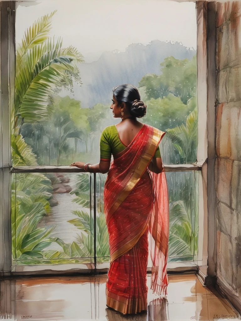 Pastel watercolor sketch of a kerala woman kf age 40 wearing transparent saree she has almost striped that saree, her thighs visible, , looking outside her window to nature seeing rain and breeze, her back view is shown, red blouse almost off to her waist showing bare back, pastel artwork, painting from a novel or movie