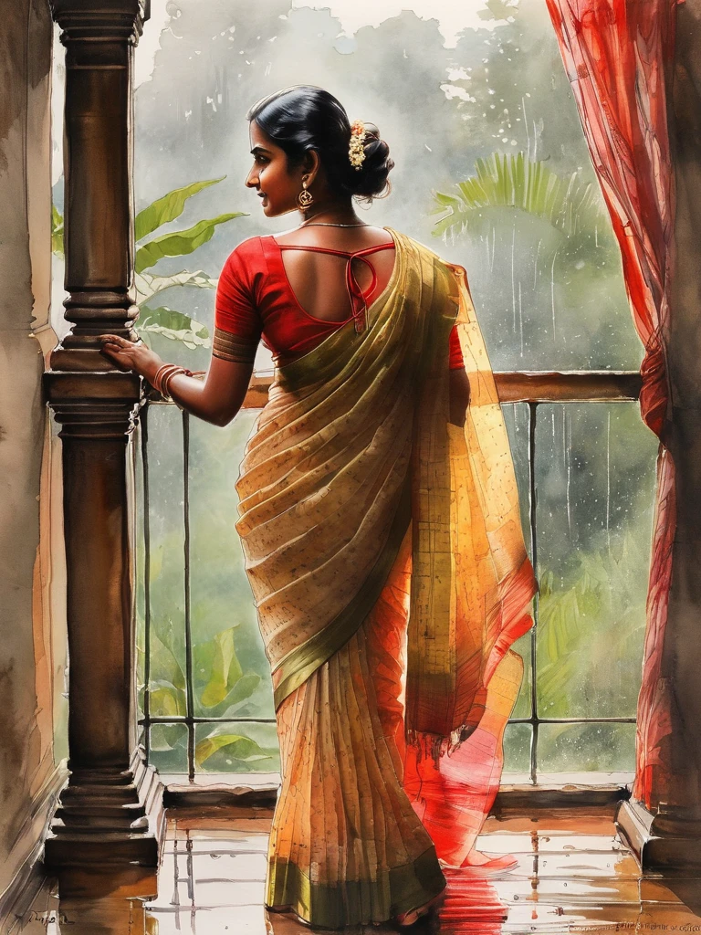 Pastel watercolor sketch of a kerala woman kf age 40 wearing transparent saree she has almost striped that saree, her thighs visible, , looking outside her window to nature seeing rain and breeze, her back view is shown, red blouse almost off to her waist showing bare back, pastel artwork, painting from a novel or movie