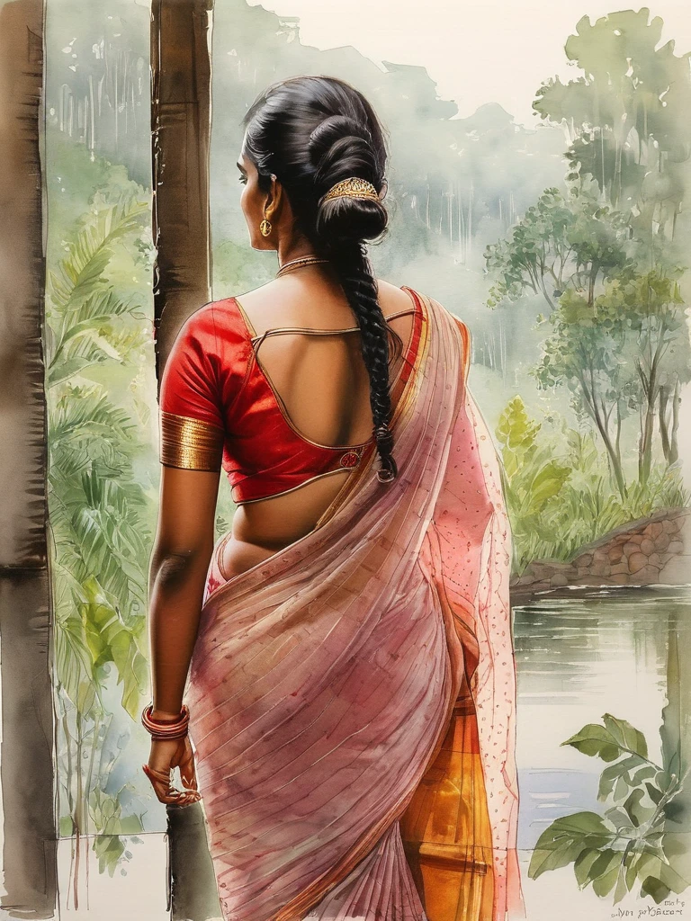 Pastel watercolor sketch of a kerala woman kf age 40 wearing transparent saree she has almost striped that saree, her thighs visible, , looking outside her window to nature seeing rain and breeze, her back view is shown, red blouse almost off to her waist showing bare back, pastel artwork, painting from a novel or movie