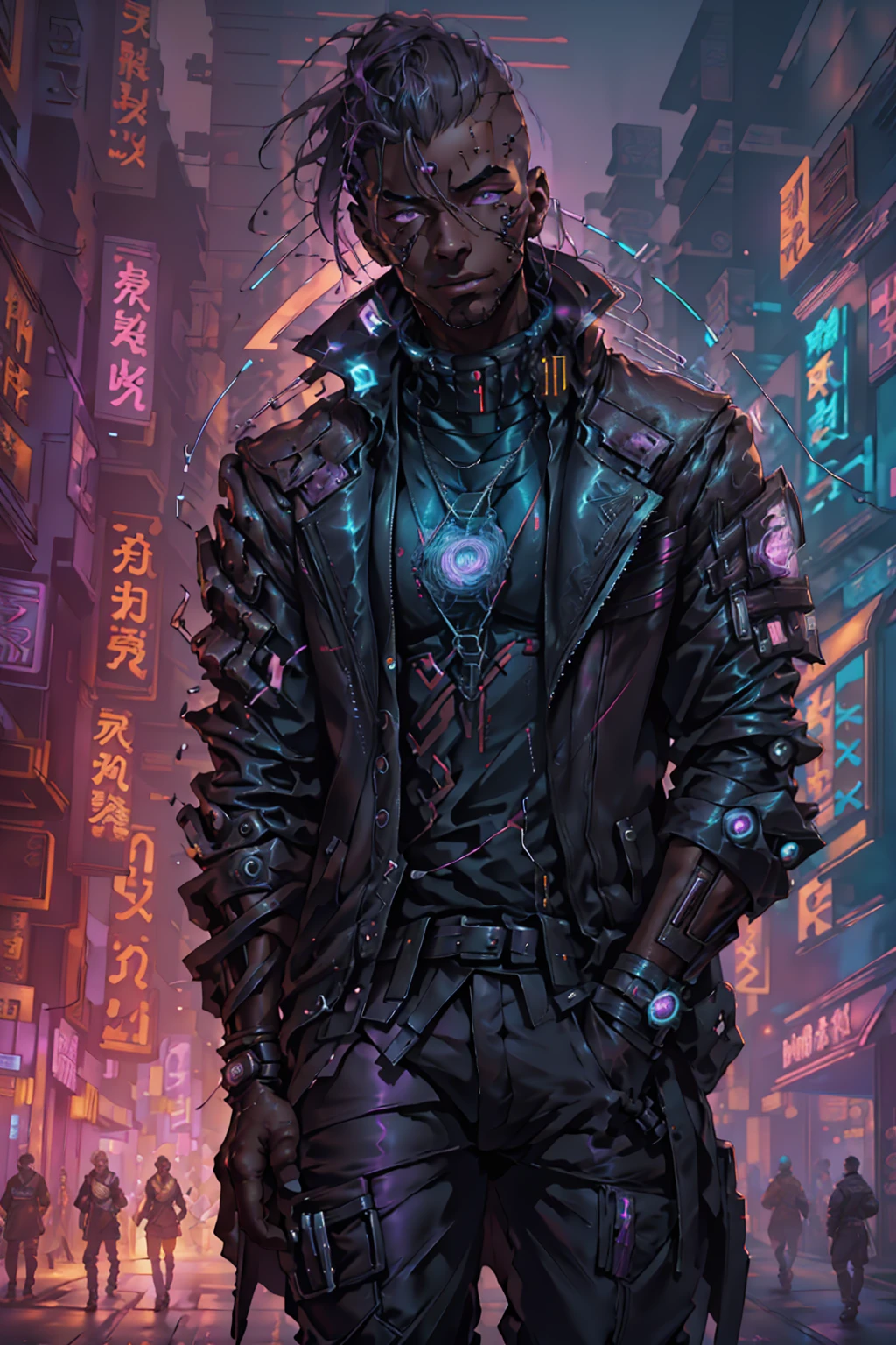 (Best quality, masterpiece, full of details), 1girl, official anime art illustration, African American Male with purple eyes, Dark skin man in a leather maroon colored jacket walking down a street, hyper-realistic cyberpunk style, portrait of a cyberpunk man, cyberpunk art ultrarealistic 8k, cyberpunk style , hyperrealistic, cyberpunk character, trendin on artstation, cinematic full character, trending on artstation 4k, portrait of a cyberpunk cyborg, cinematic realistic portrait, cyberpunk hero perfectly photorealistic, incredibly detailed, 8k, UHD, masterpiece, best quality, ultra detailed, intricate,