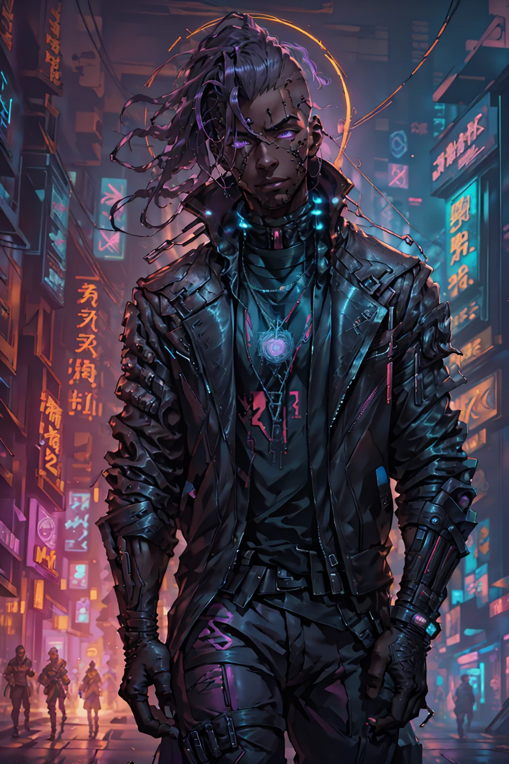 (Best quality, masterpiece, full of details), 1girl, official anime art illustration, African American Male with purple eyes, Dark skin man in a leather maroon colored jacket walking down a street, hyper-realistic cyberpunk style, portrait of a cyberpunk man, cyberpunk art ultrarealistic 8k, cyberpunk style ， hyperrealistic, cyberpunk character, trendin on artstation, cinematic full character, trending on artstation 4k, portrait of a cyberpunk cyborg, cinematic realistic portrait, cyberpunk hero perfectly photorealistic, incredibly detailed, 8k, UHD, masterpiece, best quality, ultra detailed, intricate,