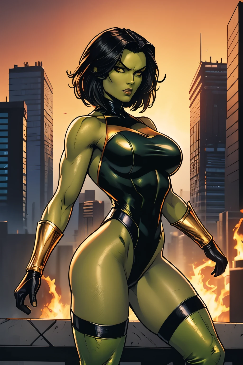 A gorgeous Latina superheroine mutant with short black hair, green skin, scaly skin, golden eyes, wearing a (black and orange leotard, thigh-high boots, long gloves).  Fire powers.  Big breasts. Detailed background, blue skies, sunset, city.