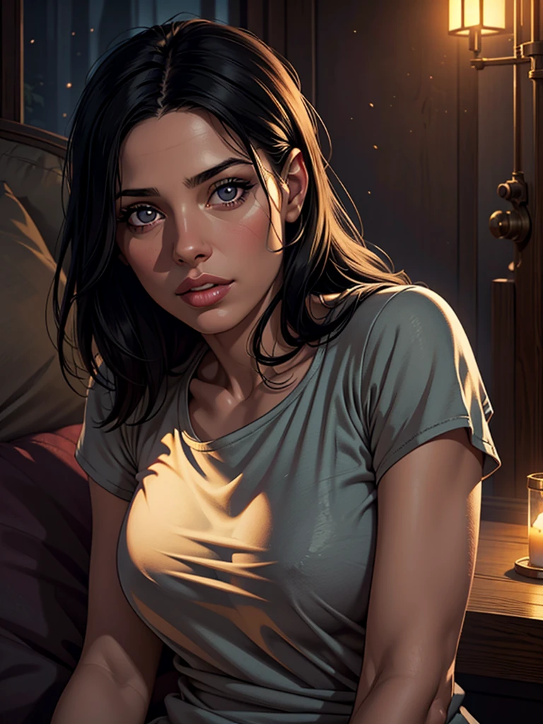 (Best quality, realistic, 1 girl), 40 years old, detailed eyes, detailed lips, black hair, short. t-shirt, cozy ambience, soft lighting, tranquil ambiance