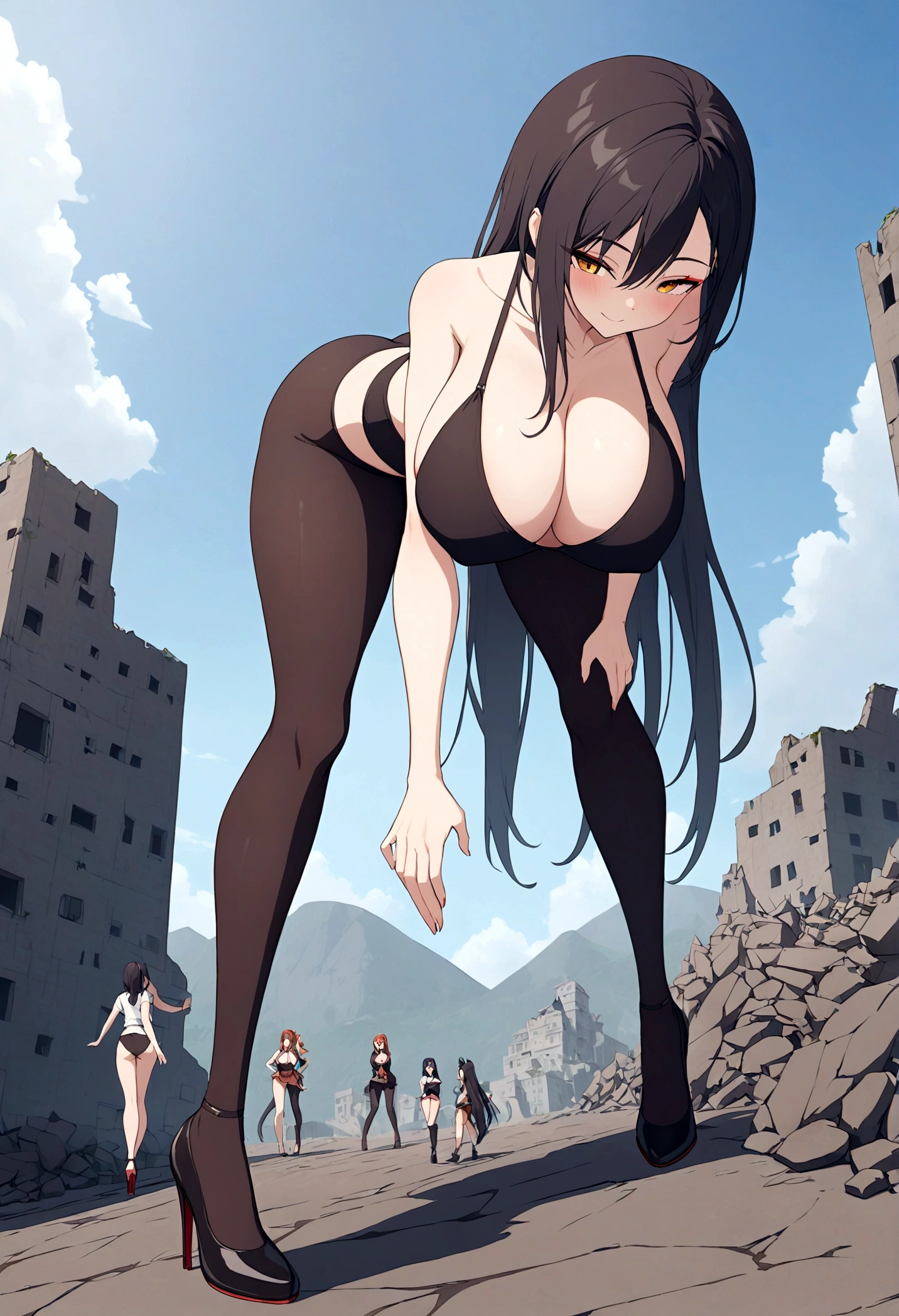ground View,giantesscity,tifa,giantesscity,giant girl 50000 feet high,Have a pair of ultra long legs,(bending down),((antevert)),a pair of huge breasts,Wearing a pair of Mary Jane heels,A look of enjoyment,standing on a ruins,Beautiful appearance,Exquisite makeup,quality,8k,High quality,Perfect proportion, Cinema lighting,film grain,Fuji colors,8k,textured skin,Super details,high detail,high quality,high resolution,explode,fake smile