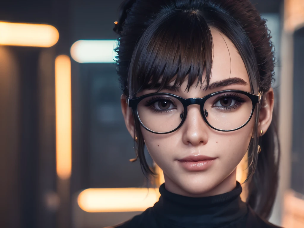 Masterpiece, portrait face, eve, stellar blade, fringe hair , ponytail hair,  black turtleneck shirt,  oiled skin , wet hair, posing , (light brown eyes), (medium closed smile), ((blushing cheeks)), woman looking camera, Woman with rectangular magnifying glasses with red frames, pink eyelid makeup, cinematic photo 8k, hdr, dark photo, color grading, cyberpunk bedroom, neon lighting,