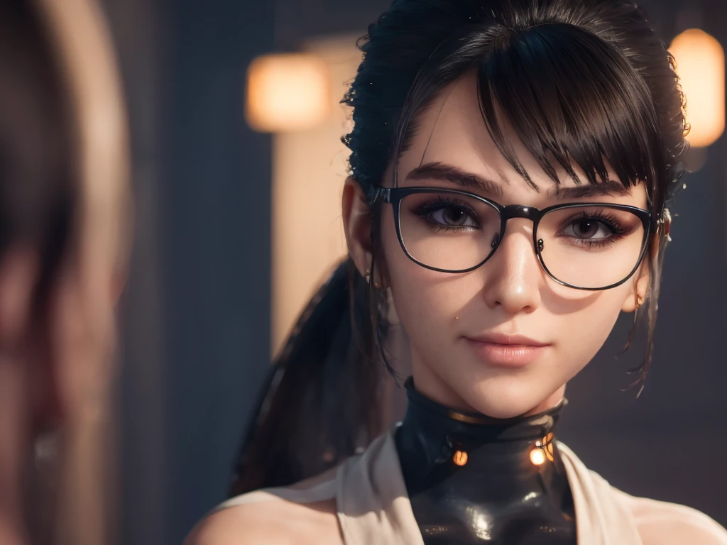 Masterpiece, portrait face, eve, stellar blade, fringe hair , ponytail hair,  black turtleneck shirt,  oiled skin , wet hair, posing , (light brown eyes), (medium closed smile), ((blushing cheeks)), woman looking camera, Woman with rectangular magnifying glasses with red frames, pink eyelid makeup, cinematic photo 8k, hdr, dark photo, color grading, cyberpunk bedroom, neon lighting,