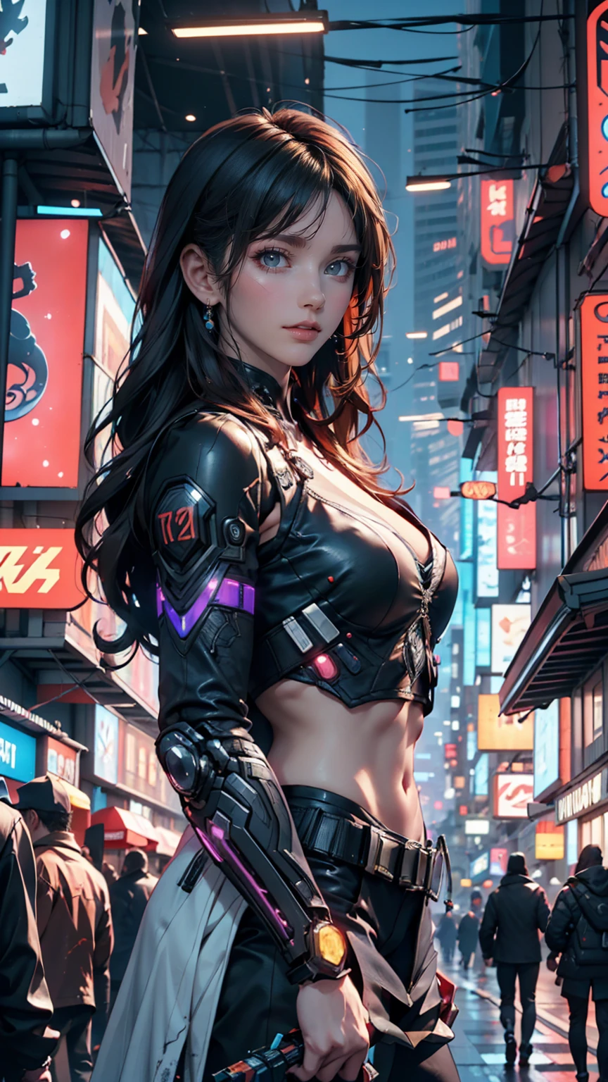 Beautiful woman, An anti-hero in a black and purple uniform, Laser sword in hand, White skin, Long black hair, Portraiture, Jeff Bridges, ((Manga style)), Marvel Cinematic Universe Style, (((Cyberpunk city in the background))), Soft blur of a future city, Atey Gailan, Jeremy Mann, Greg Manchess, Antonio Moro, Art Station Trends, CGsociety Trends, complicated, High detail,  Sharp focus, Dramatic, realistic paintings by Midjourney and Greg Rutkowski, Background blur