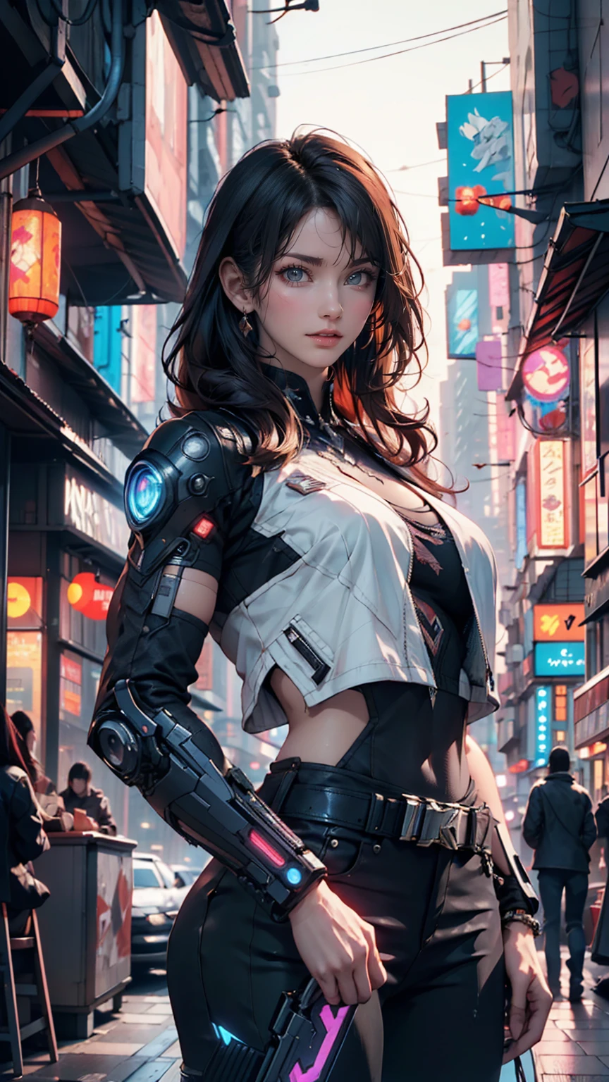 Beautiful woman, An anti-hero in a black and purple uniform, Laser sword in hand, White skin, Long black hair, Portraiture, Jeff Bridges, ((Manga style)), Marvel Cinematic Universe Style, (((Cyberpunk city in the background))), Soft blur of a future city, Atey Gailan, Jeremy Mann, Greg Manchess, Antonio Moro, Art Station Trends, CGsociety Trends, complicated, High detail, Sharp focus, Dramatic, realistic paintings by Midjourney and Greg Rutkowski, Background blur