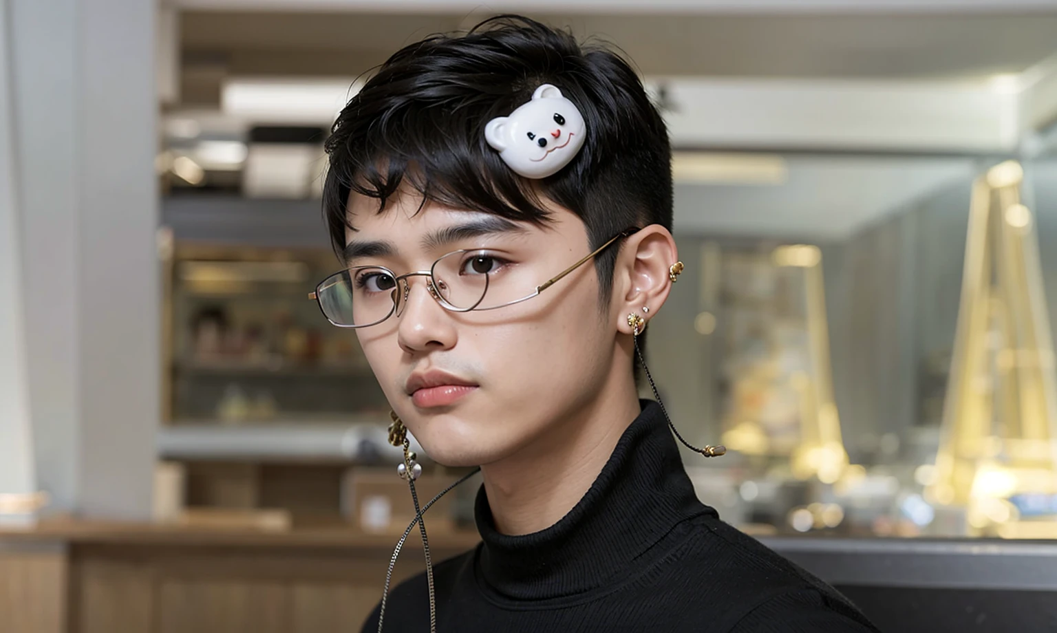 Asian boy, good lighting, smooth hair, glossy skin, blur background, high quality, 8k resolution, bear hairpin, glasses, earring, turtleneck