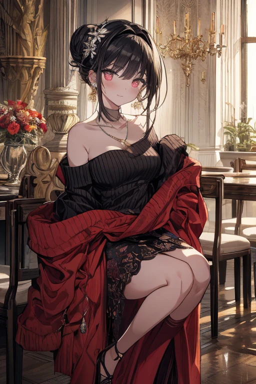 (((Masterpiece))),(((Super Detail))),(((in 8K))),(((best composition))),(((Rim lighting,Fireglow effect,deep shadow))),solo),Beautiful fingers,Detailed finger features,(Detailed hair features:1.7),(Dynamic and sexy bending pose:1.3),detailed facial features,detailed clothes features, (perky chest:1.1), (pointed chest:1.3), delicate beautiful face, Bright blue eyes, cute eyes, sparkling eyes, Big eyes, beautiful detailed eyes,double bun with glittering hair ornament:0.6,(super detailed glossy skin:1.3),slender body,goddess smile,((with sparkling eyes and a contagious smile)),beautiful posture,have a cup of coffee,black hair, red eyes, dress, bare shoulders, jewelry, collarbone, sidelocks, hairband, earrings, indoors, off shoulder, sweater, arms behind back, plant, short hair with long locks, white hairband, off-shoulder dress, sweater dress, off-shoulder sweater, red sweater, big side hair, very long side hair,(super delicate floral pattern:1.2),seductive cleavage:1.3,beautiful glossy legs,shiny red high heels,lifting dishes with cakesd,french restaurant,hustle and bustle,rising steam,(((depth of fields)))