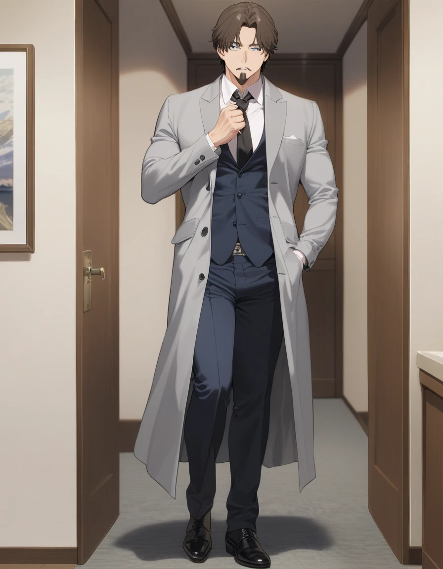 1man,  male, parted bangs, medium-short hair, brown hair, muscular male celeb, short goatee, short mustache, indigo eyes, gentleman, elegant netori cumraghiseled face, male high ratio body proportions, BREAK solo, white collared shirt, gray trench coat, black neck ribbon, fullbody, in gentle sasaki style, visual novel, 2010s, extreme all detailed, masterpiece, best quality
